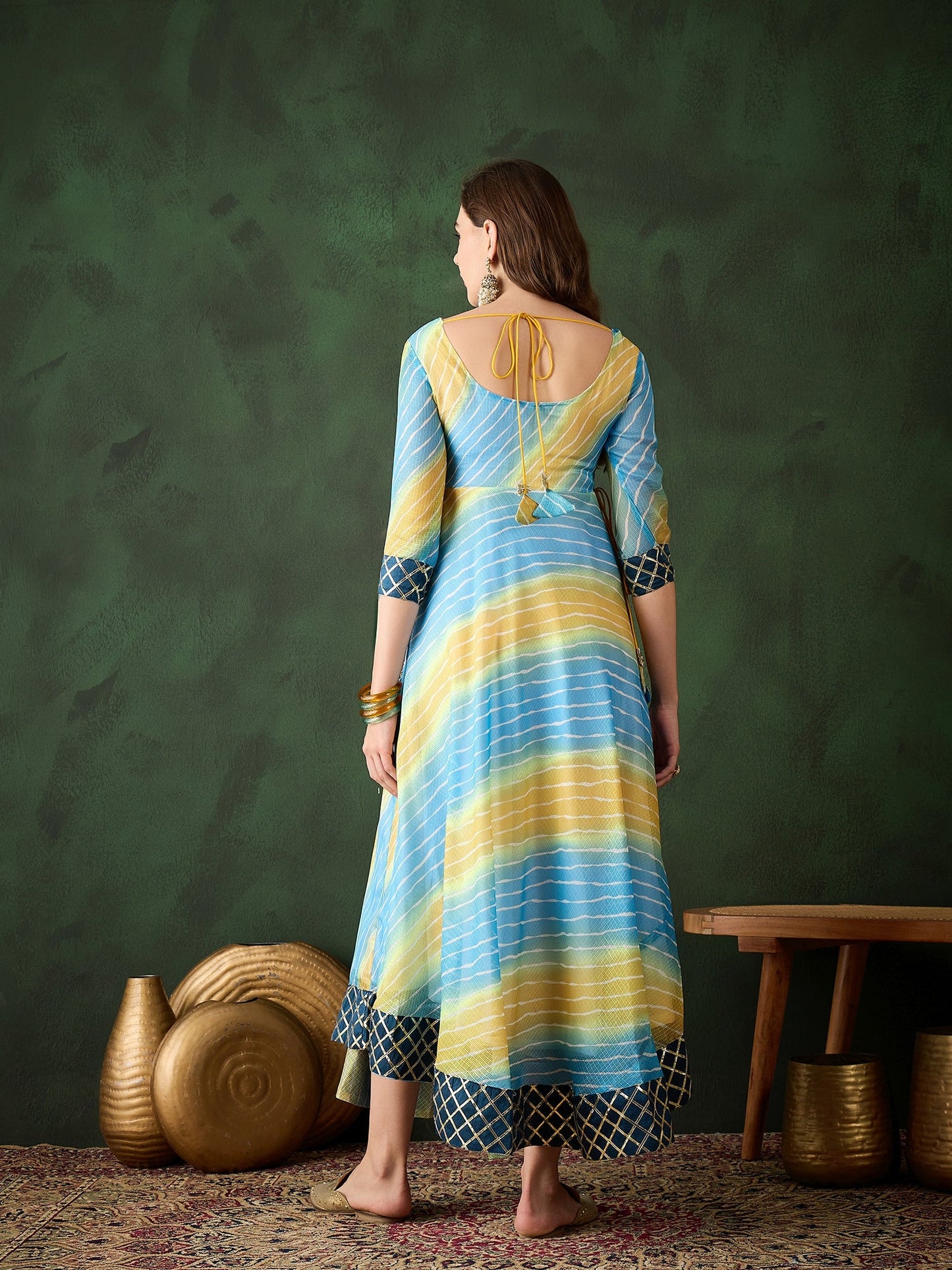 Blue Embroidered Flared Maxi Dress - Elganza