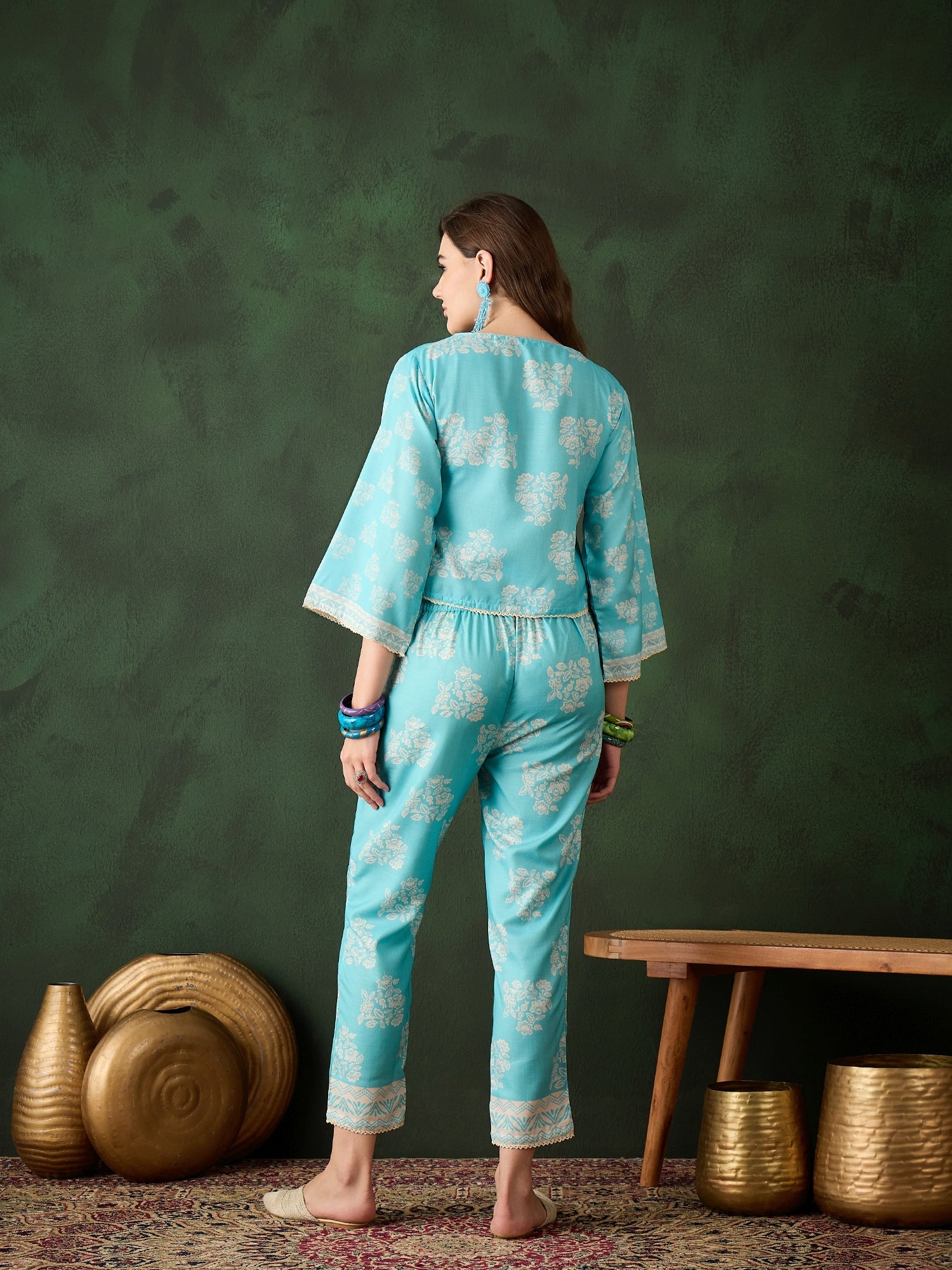 Turquoise Blue Floral Print Co-Ord Set - Elganza