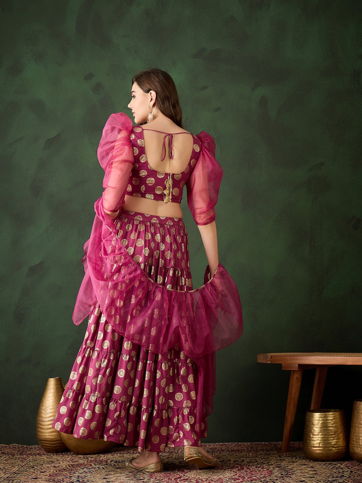 Magenta Foil Print Lehenga Choli With Dupatta - Elganza