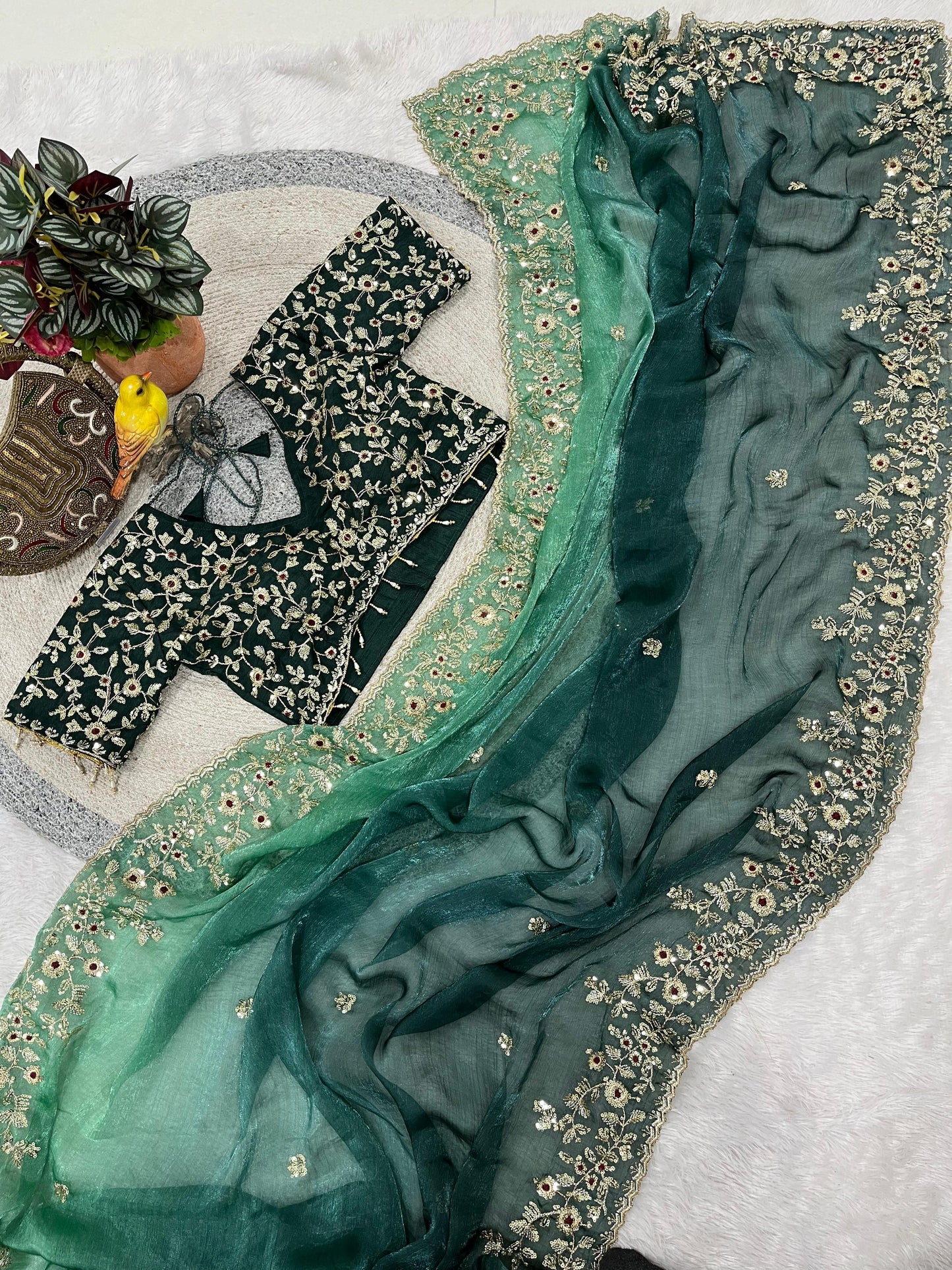 Evergreen Designer Fandy Chiffon Silk Saree with Sequins, Zari Embroidery & Cutwork Border