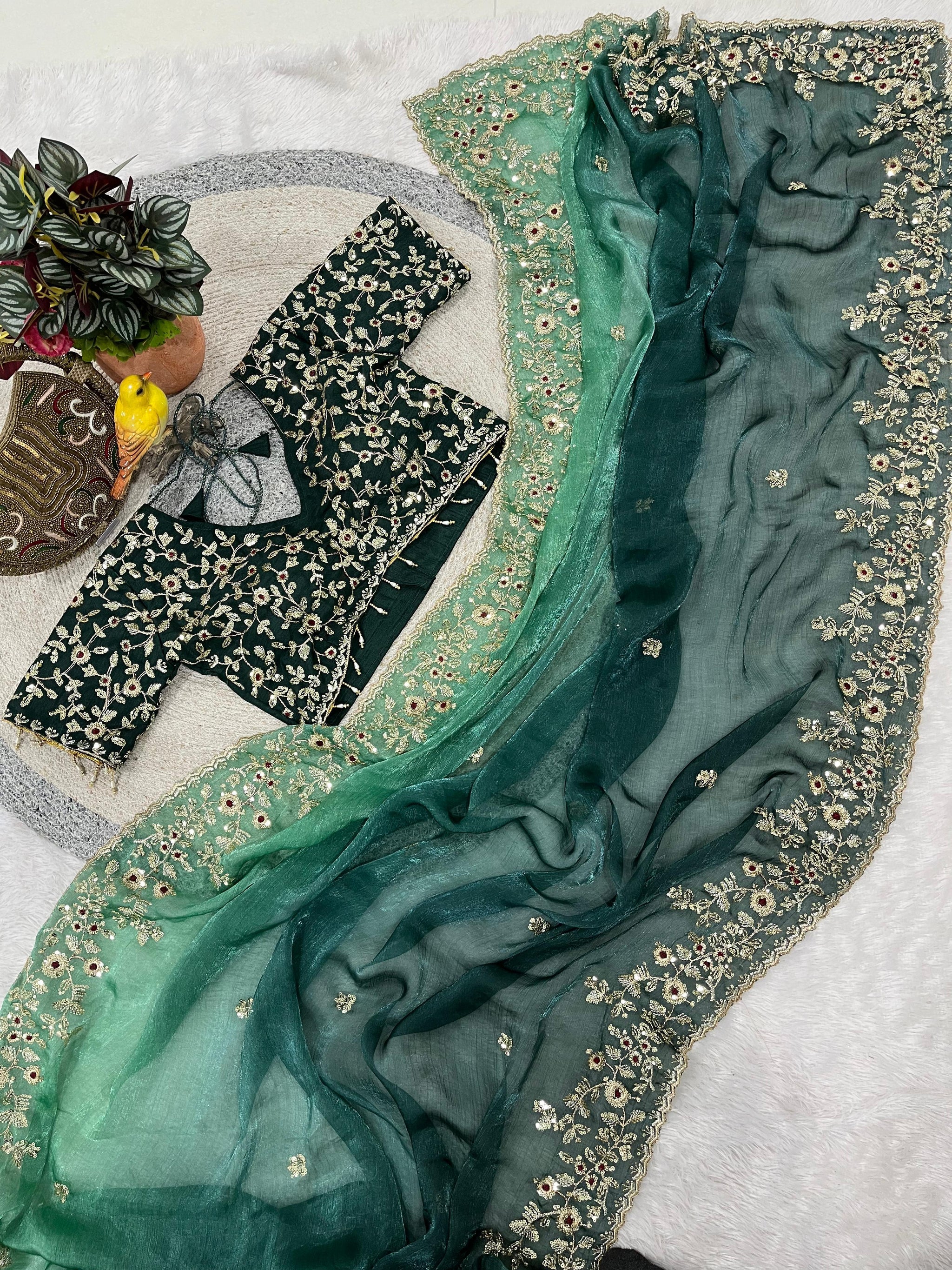 Evergreen Designer Fandy Chiffon Silk Saree with Sequins, Zari Embroidery & Cutwork Border