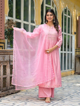 Powder Pink A-Line Kurta With Mirror Work On Dupatta - Elganza