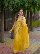 Premium Designer Fandy Satin Silk Saree with Jari Dori Embroidery & Real Mirror Embellishment with Stitched Mono Diamond Silk Blouse