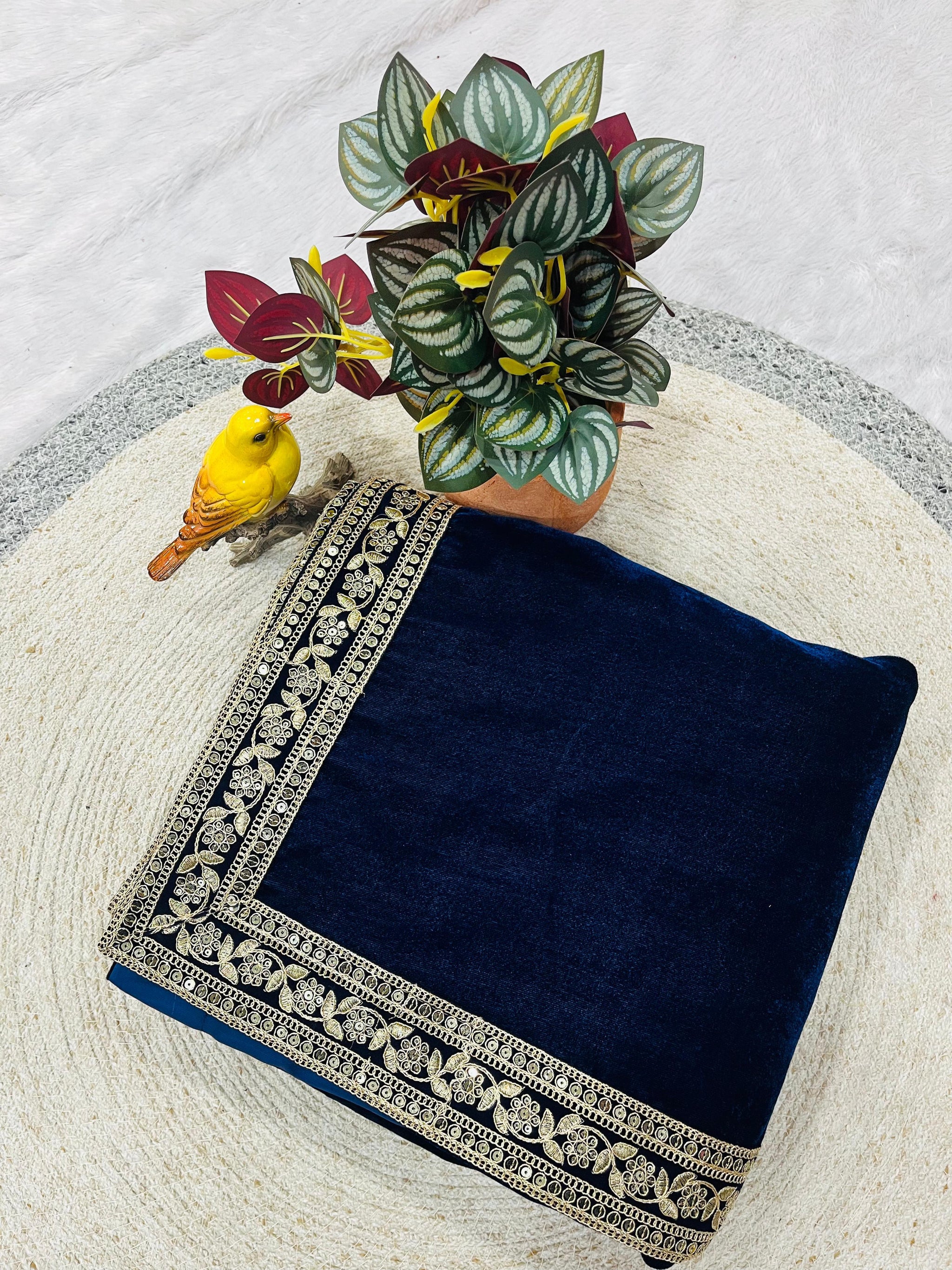 Designer Winter Special Viscose Velvet Embroidered Saree with Stitched Blouse