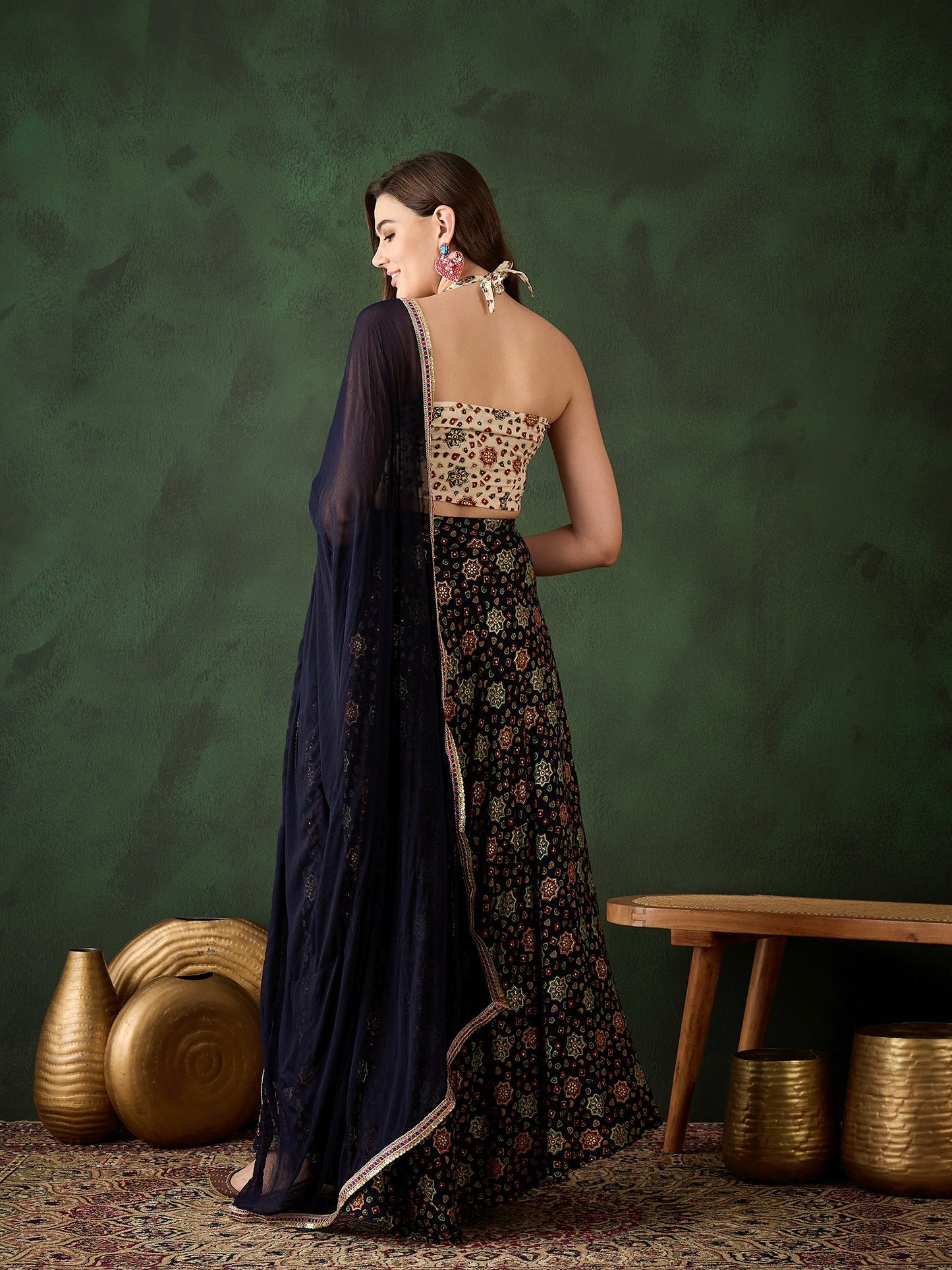 Navy Blue Gold Printed Lehenga Choli With Dupatta - Elganza