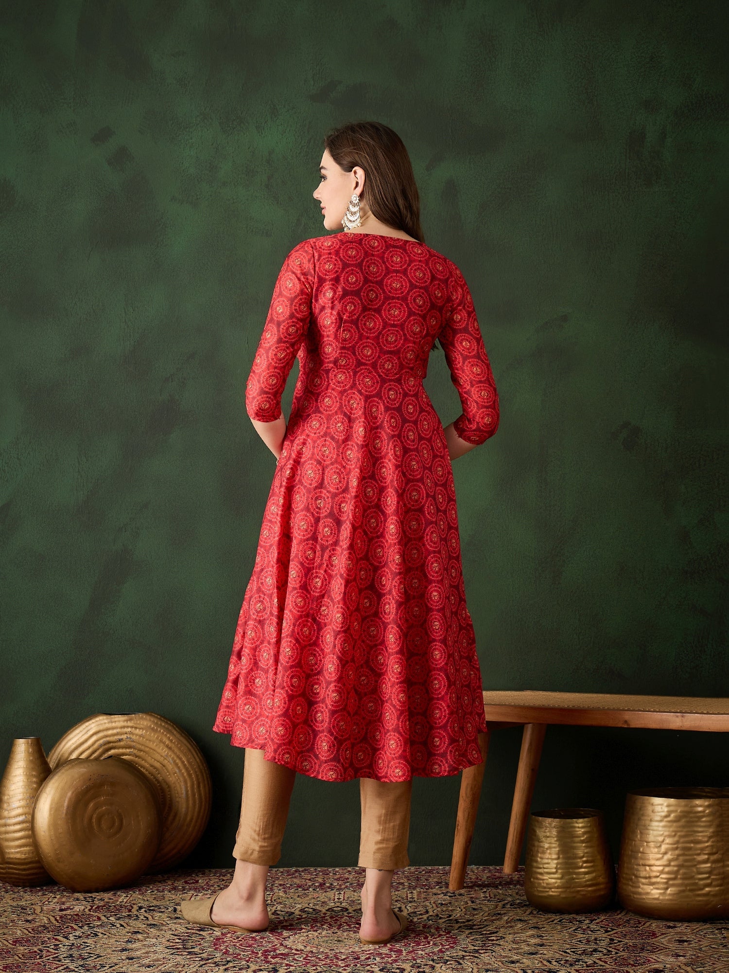 Red Geometric Print Anarkali - Elganza