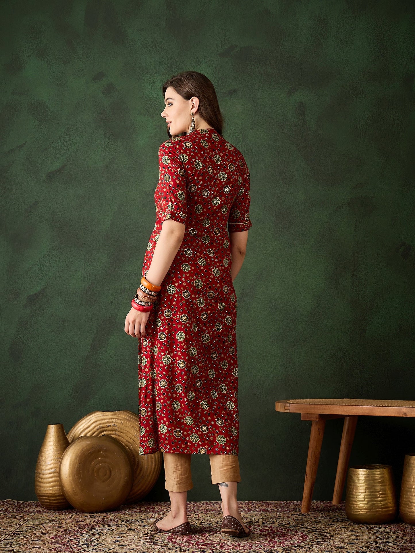 Red Gold Print Button Down Kurta - Elganza