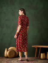 Red Gold Print Button Down Kurta - Elganza