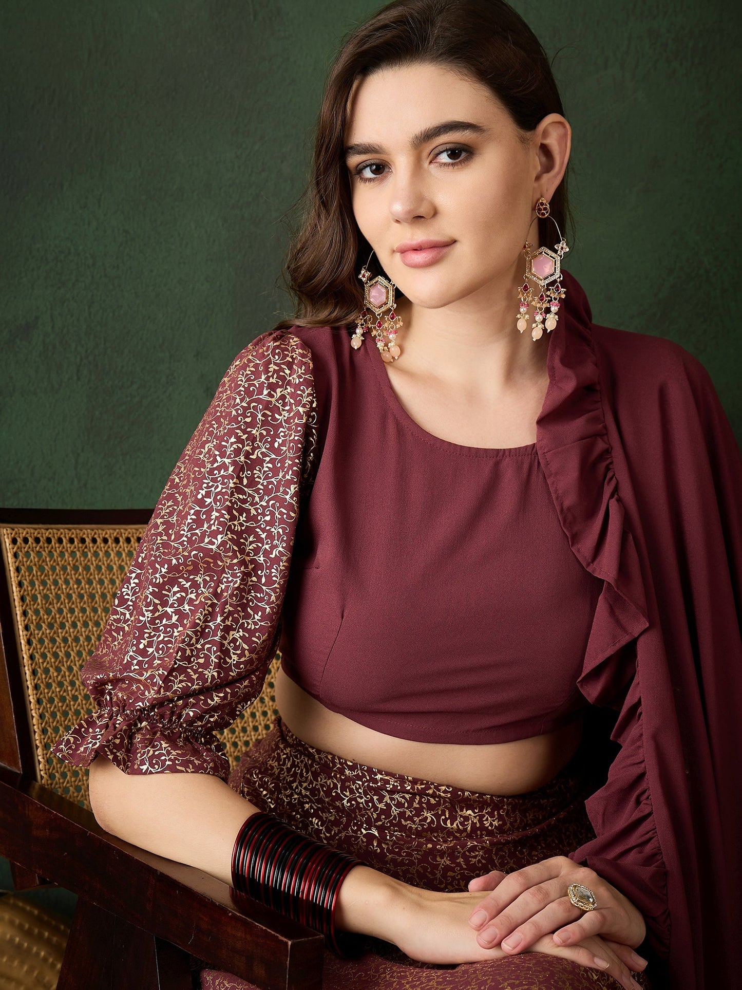 Burgundy Foil Printed Lehenga Choli With Dupatta - Elganza