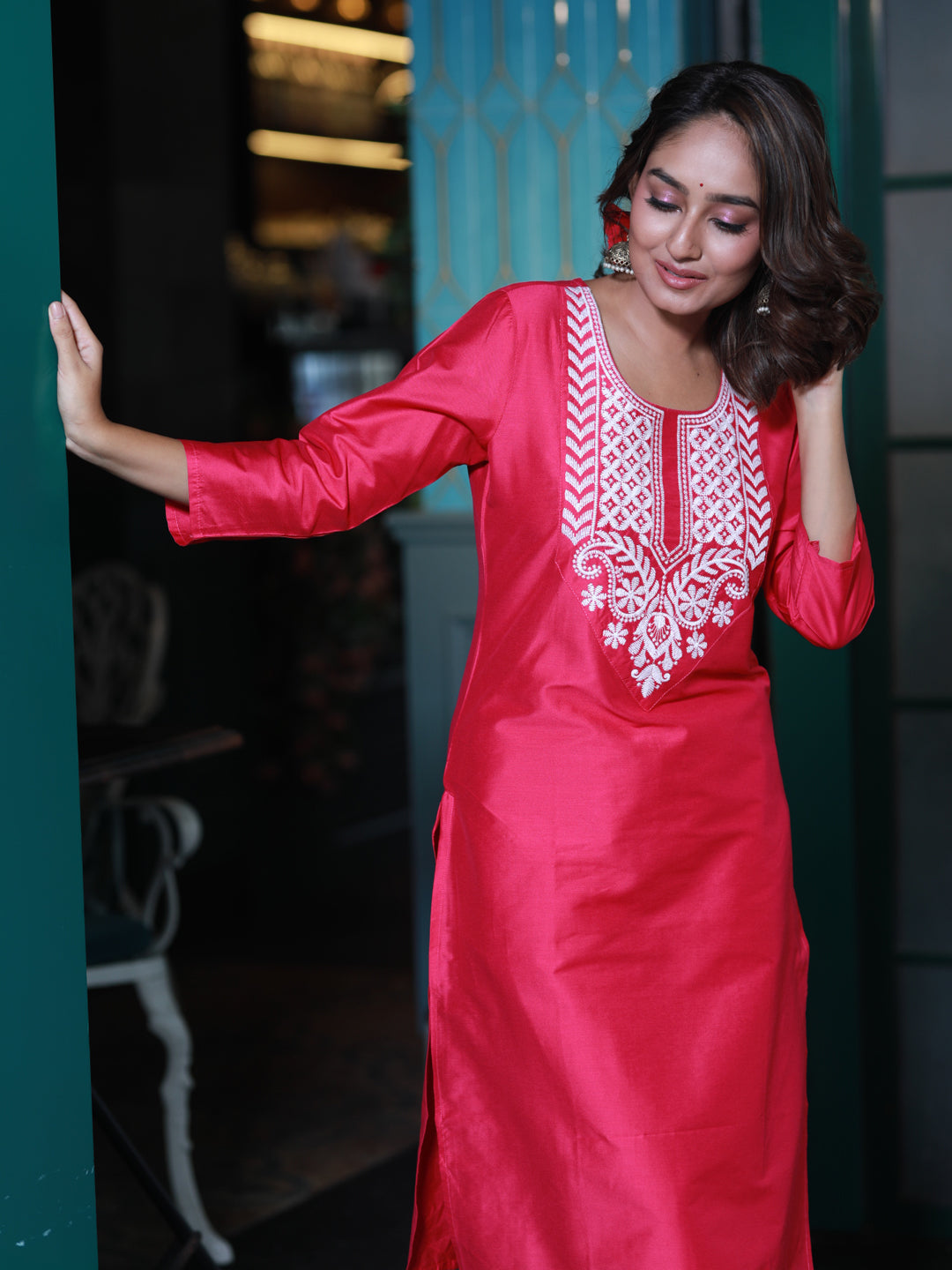 Hot Pink Embroidered Cotton Silk Kurta Set - Elganza