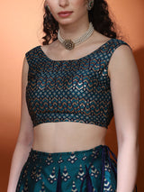 Teal Blue Gold Zari Work Lehenga Choli With Dupatta - Elganza
