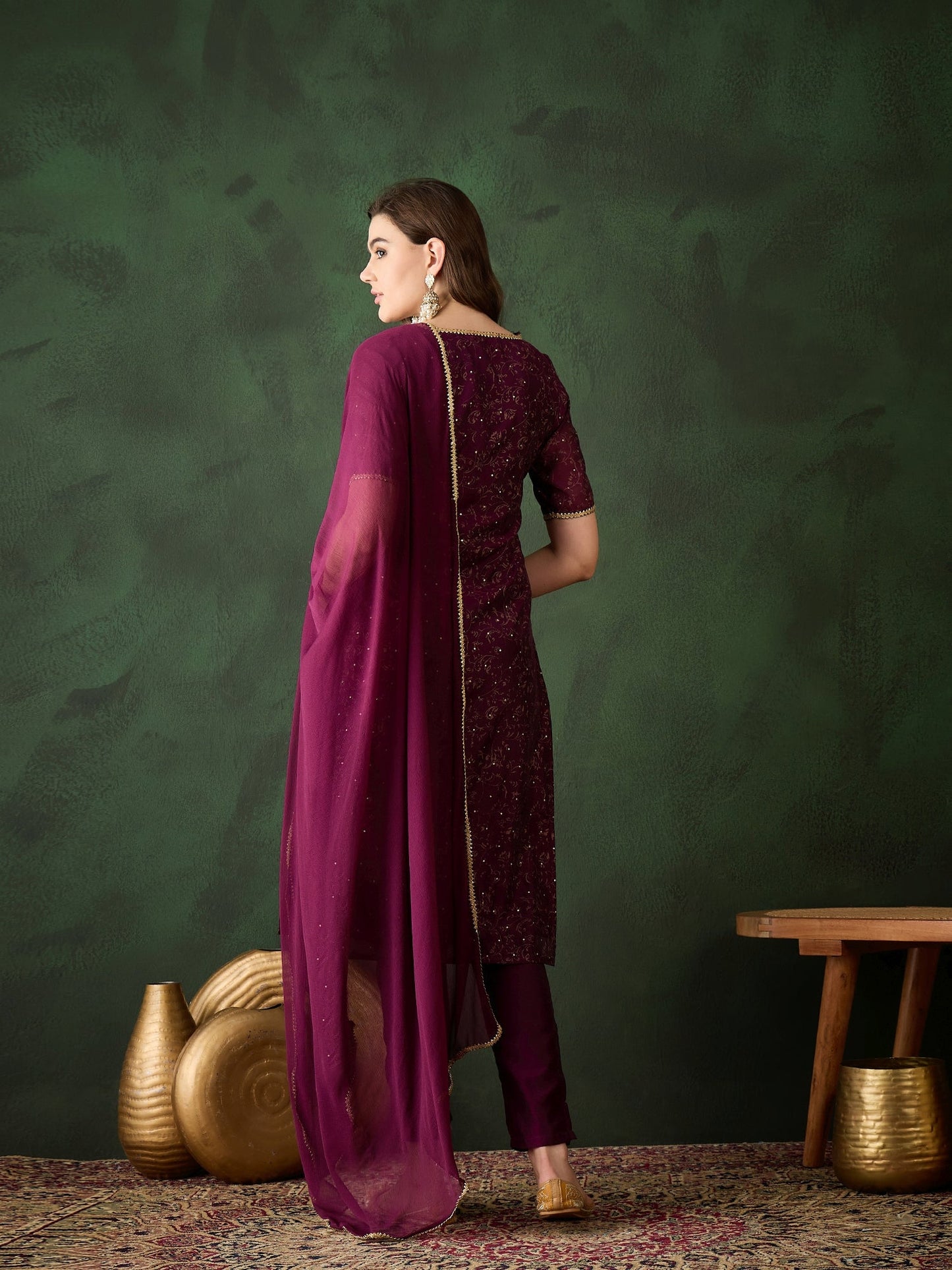 Purple Gold Print Kurta Pant With Dupatta - Elganza