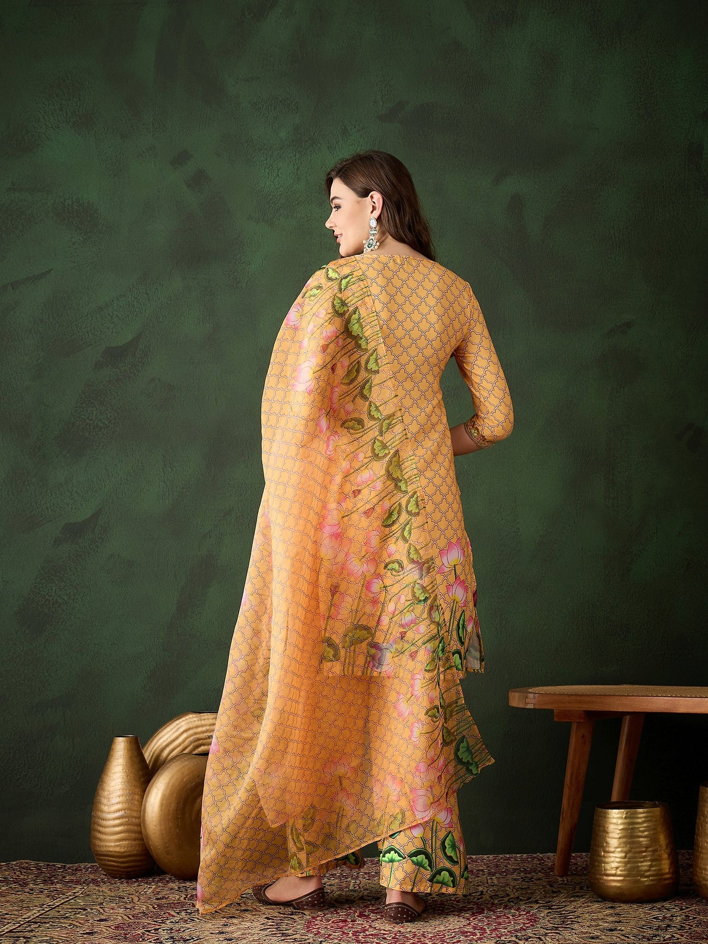 Yellow Pichwai Print Kurta Palazzo With Dupatta - Elganza