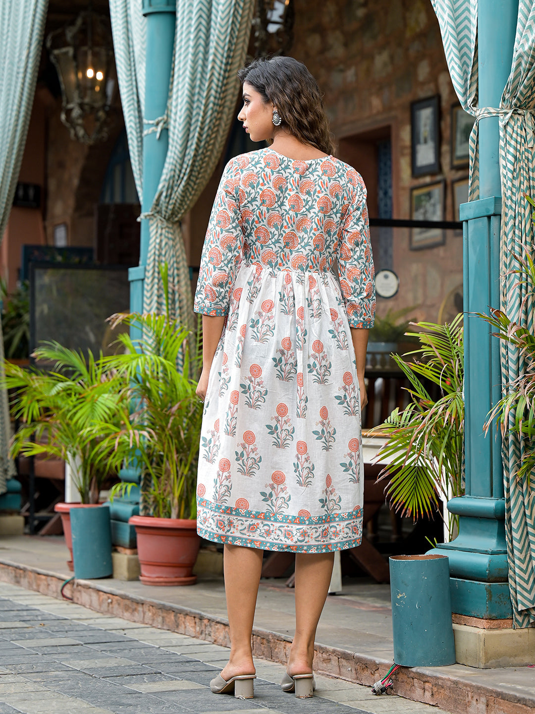 White Mughal Print A-Line Dress - Elganza