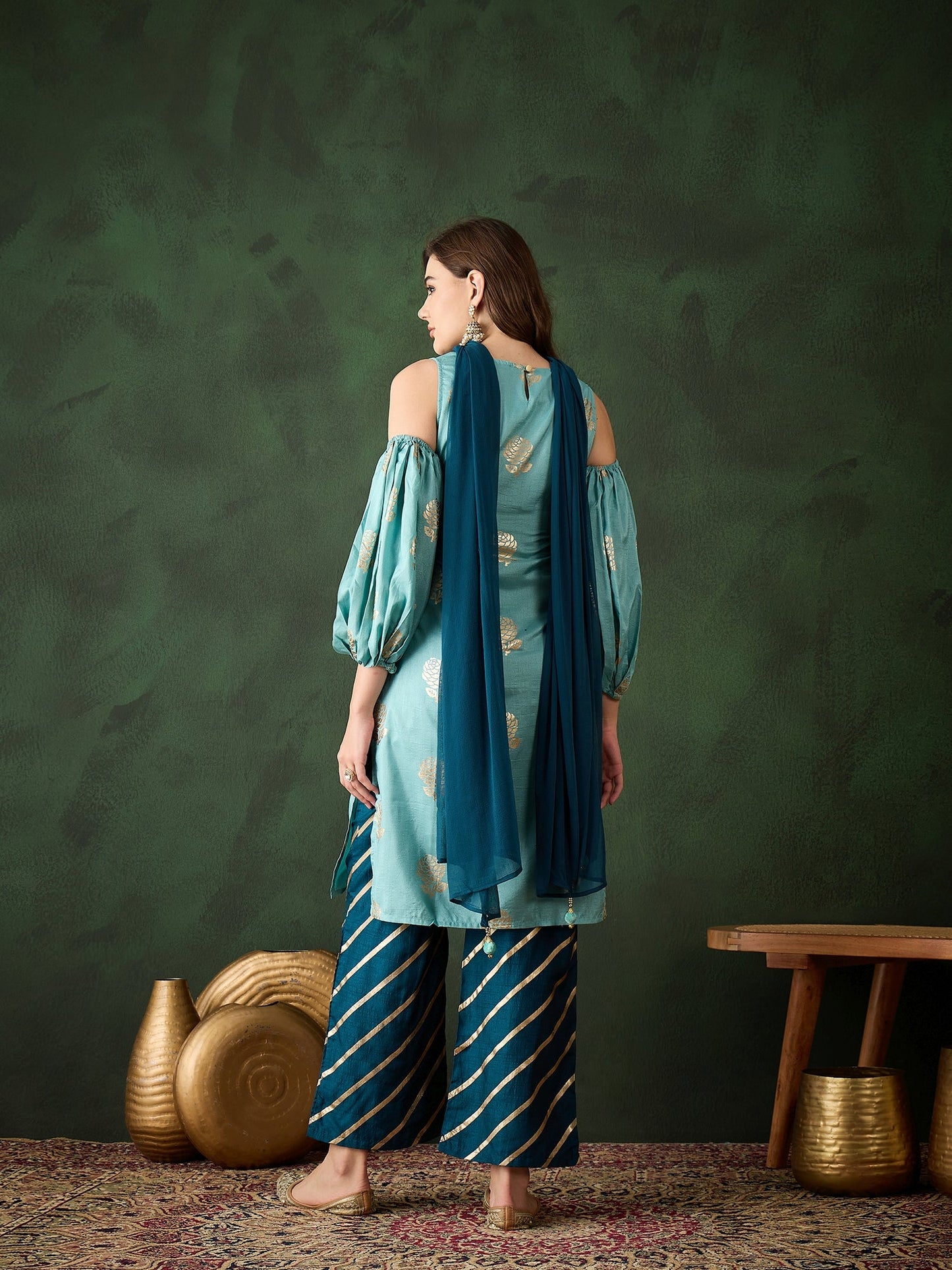 Blue Gold Printed Kurta Palazzo With Dupatta - Elganza