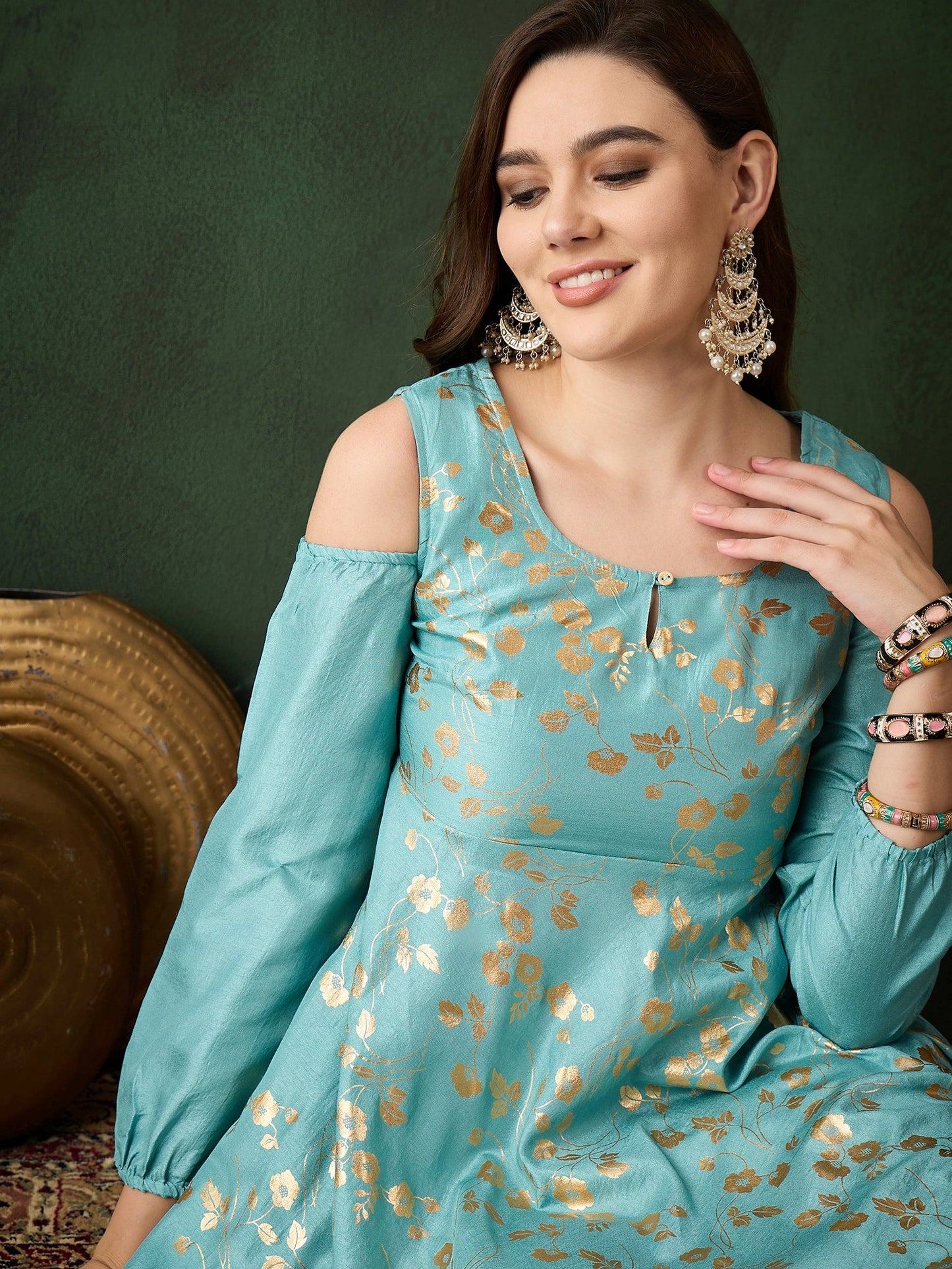 Pastel Blue Foil Print Flared Anarkali - Elganza