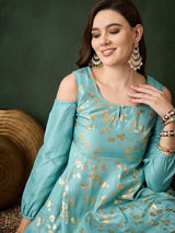 Pastel Blue Foil Print Flared Anarkali - Elganza
