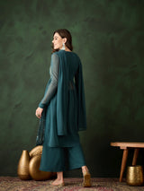 Teal Embroidered Nyra-Cut Kurta Palazzo With Dupatta - Elganza