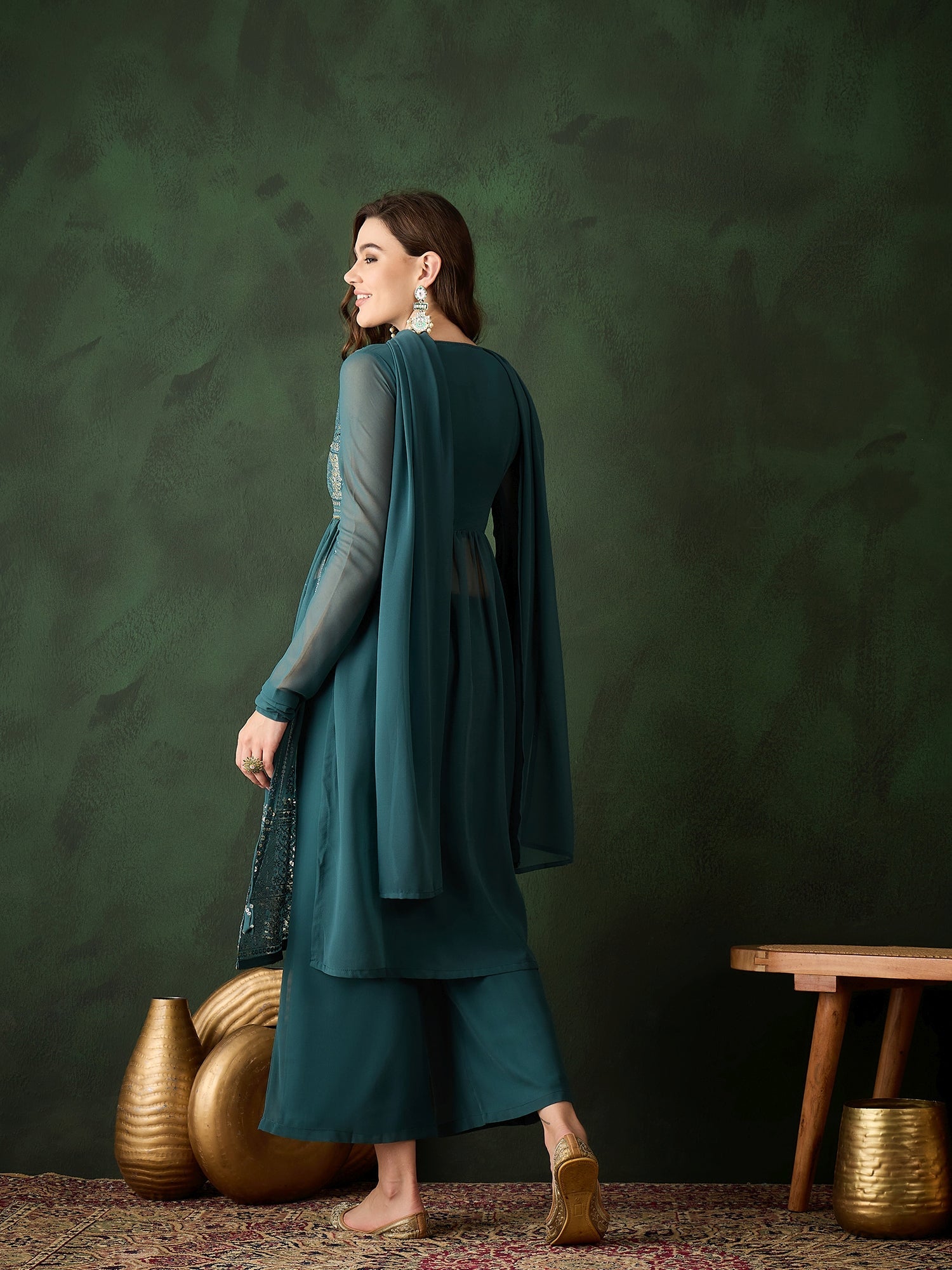 Teal Embroidered Nyra-Cut Kurta Palazzo With Dupatta - Elganza