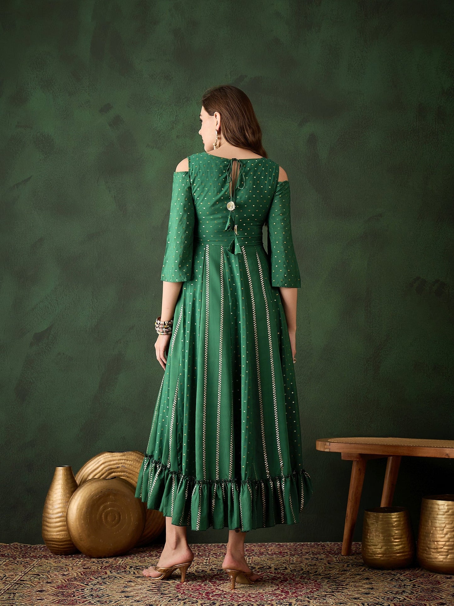 Dark Green Embroidered Flared Maxi Dress - Elganza