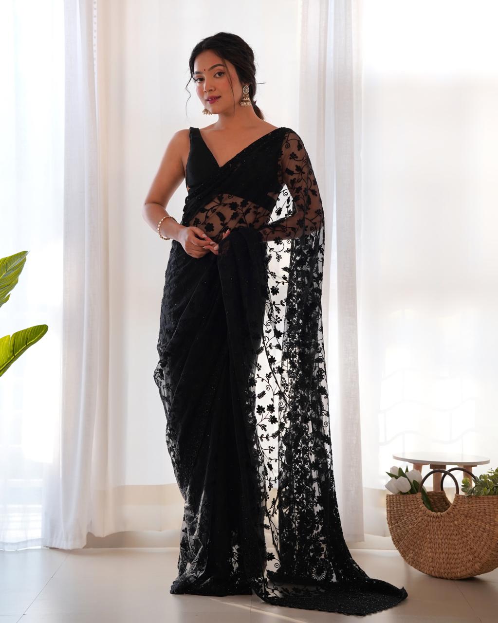 Traditional Designer Butterfly Net Saree with Chain Stitch Embroidery & Stone Work