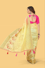 Party Wear Organza Silk Saree with Multicolor Embroidery and Zari Border