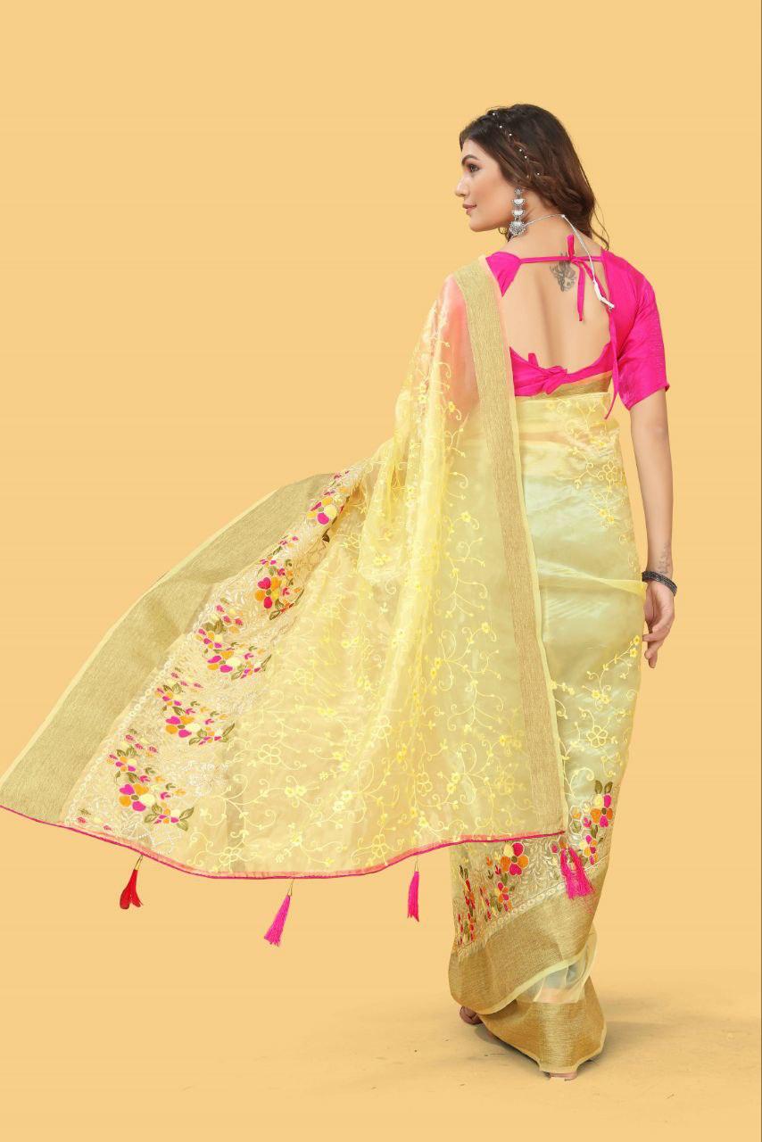 Party Wear Organza Silk Saree with Multicolor Embroidery and Zari Border