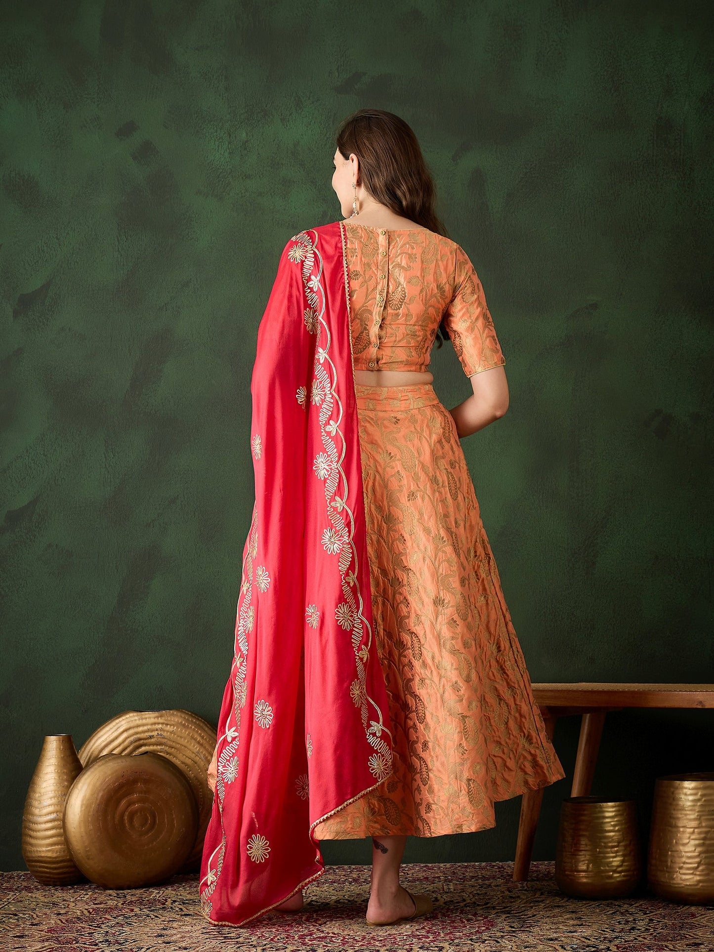 Peach Jacquard Lehenga Choli With Dupatta - Elganza
