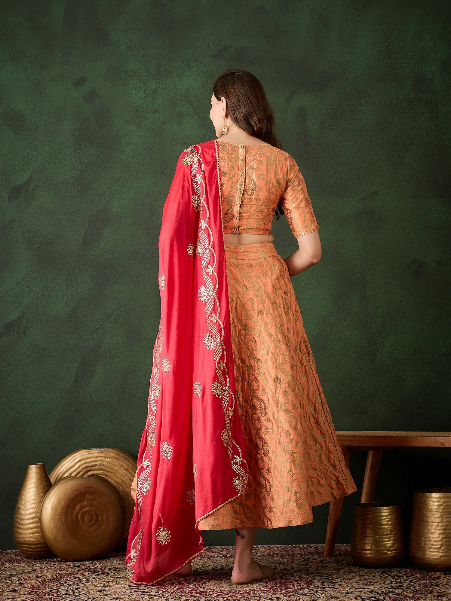 Peach Jacquard Lehenga Choli With Dupatta - Elganza