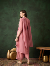 Pink Embroidered Nyra-Cut Kurta Palazzo With Dupatta - Elganza