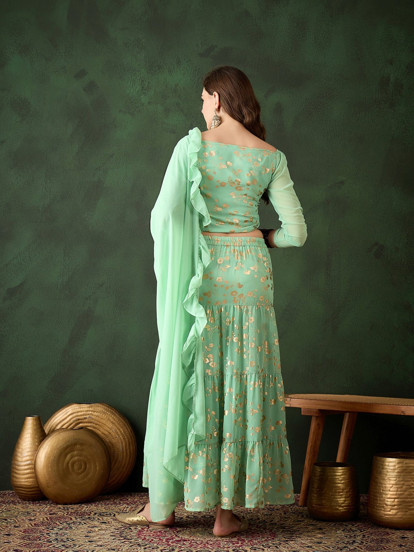 Green Floral Print Lehenga Choli Set - Elganza