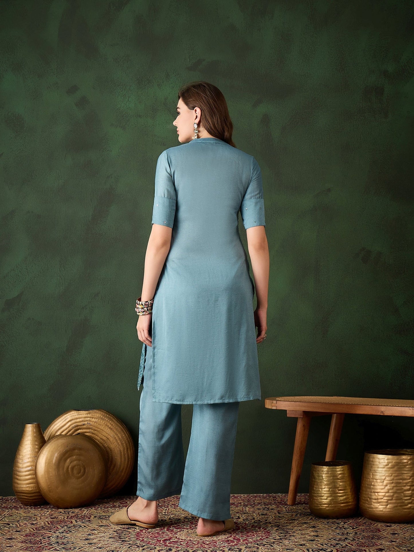 Blue Embroidered Kurta With Palazzo - Elganza