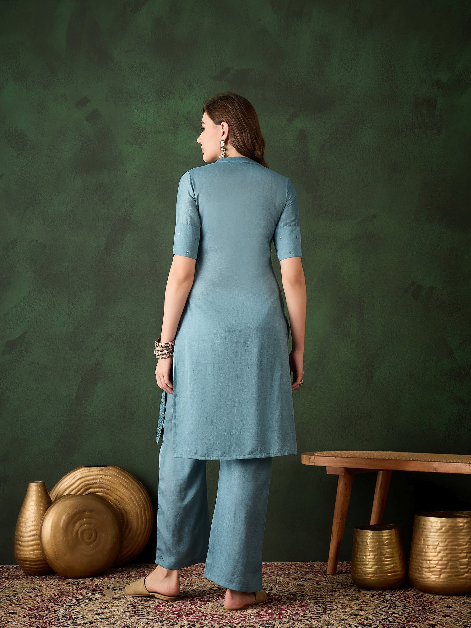Blue Embroidered Kurta With Palazzo - Elganza