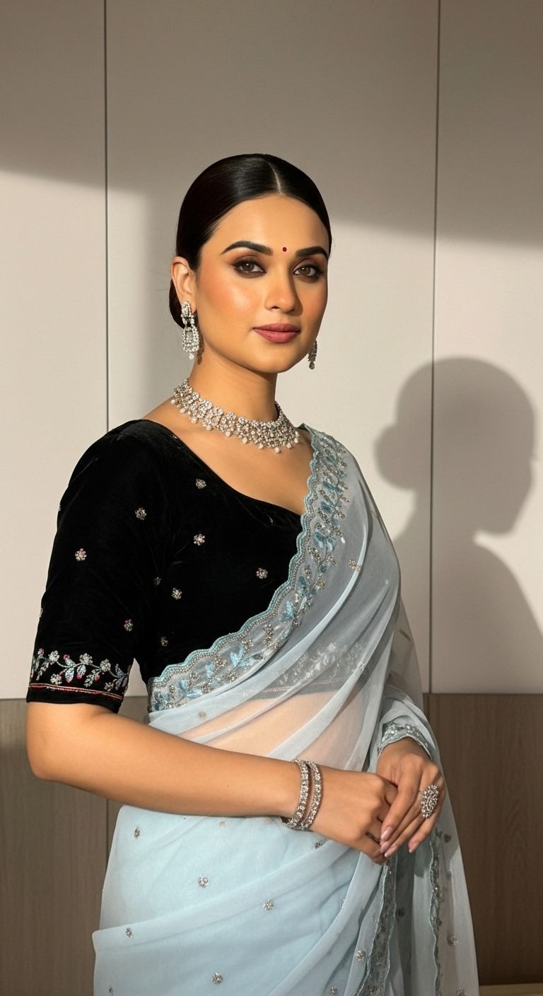 Designer Faux Georgette Handwork Saree with Beads & Sequins Border and Velvet Blouse – Ice Blue / Off White