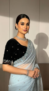 Designer Faux Georgette Handwork Saree with Beads & Sequins Border and Velvet Blouse – Ice Blue / Off White