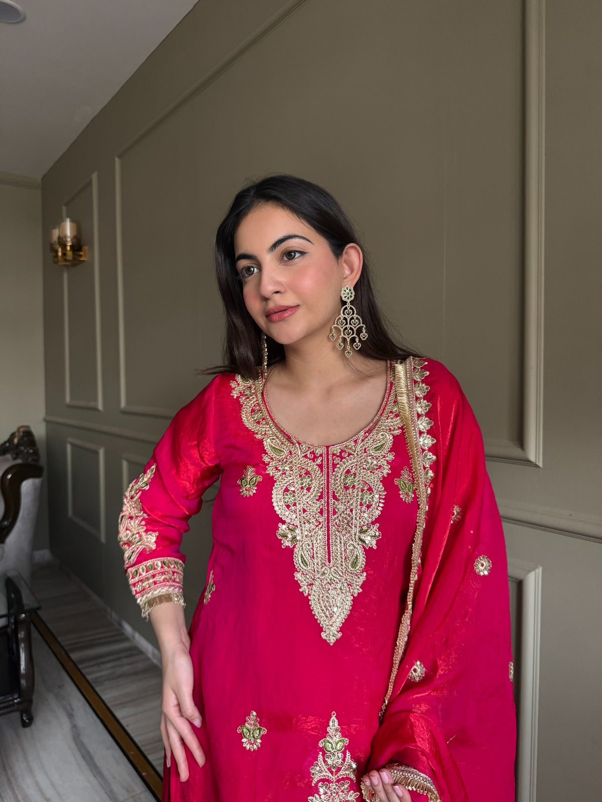 Designer Fendi Satin 3 Piece Suit Set with Embroidery Work & Lace Border (Top, Plazo & Dupatta)