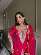 Designer Fendi Satin 3 Piece Suit Set with Embroidery Work & Lace Border (Top, Plazo & Dupatta)