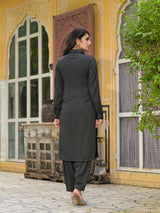 Black Self Design Pathani Kurta - Elganza