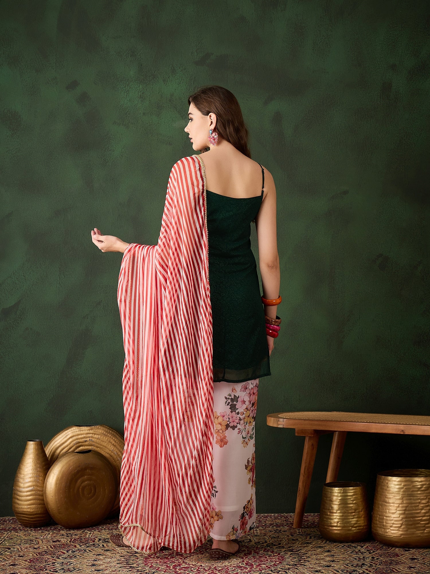 Green Kurta With Floral Print Palazzo & Dupatta - Elganza