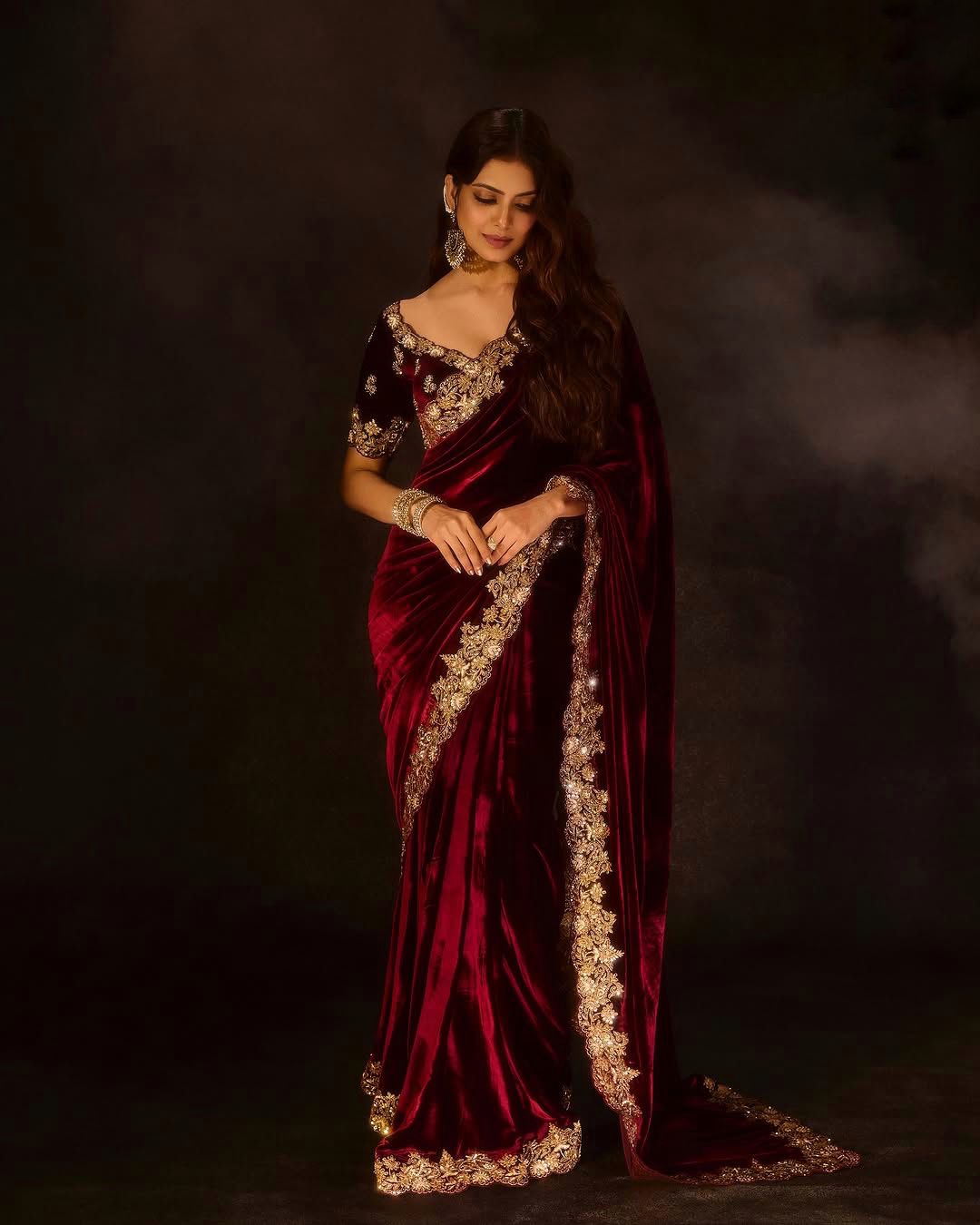 Designer Winter Velvet Saree with Sequins & Jari Embroidery
