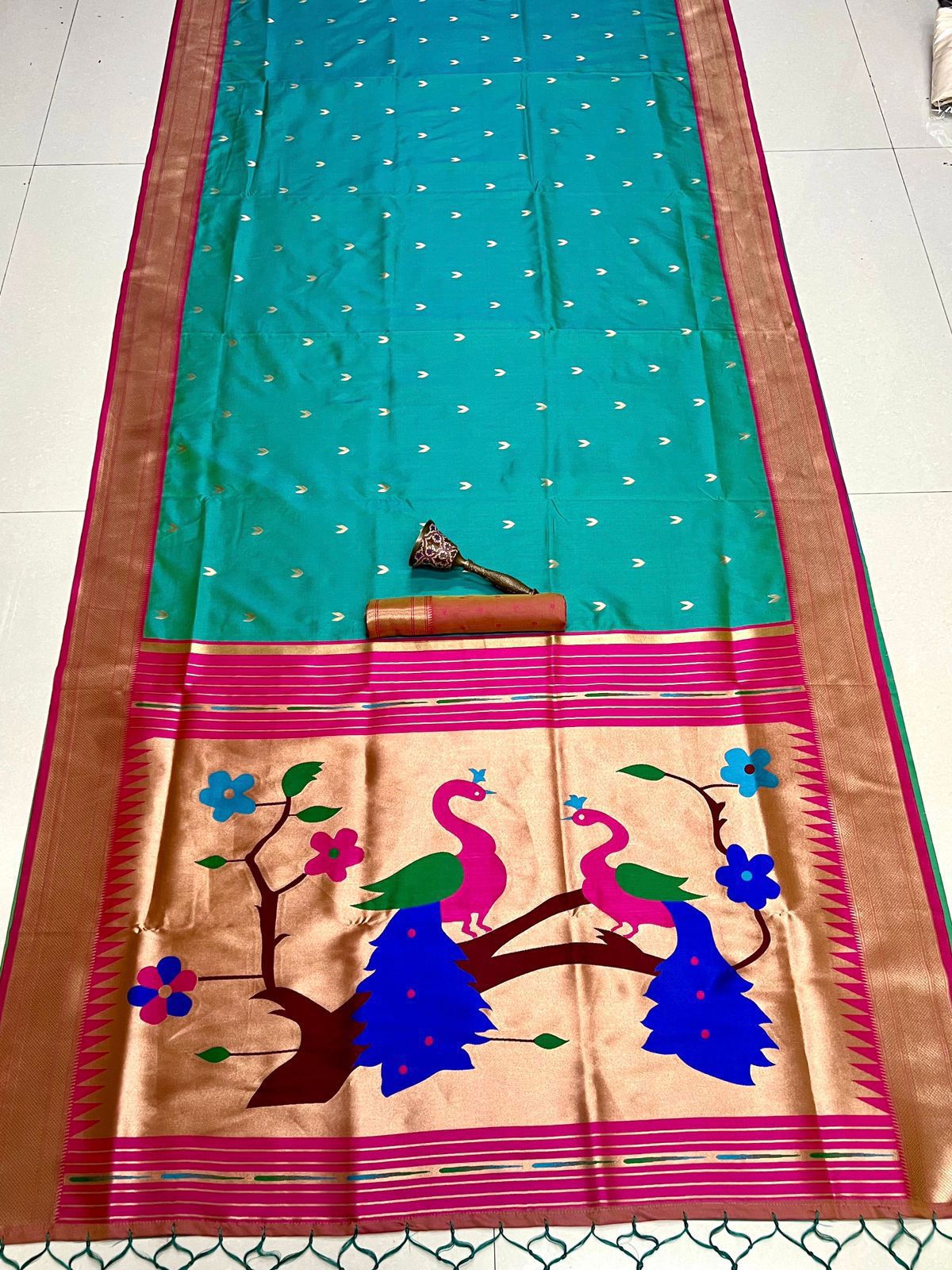 ✨ Super Hit Pure Silk Saree – Pure Soft Gold Zari Kanchivram Paithani Silk with Contrast Kadiyal Border & Heavy Mina Zari Pallu