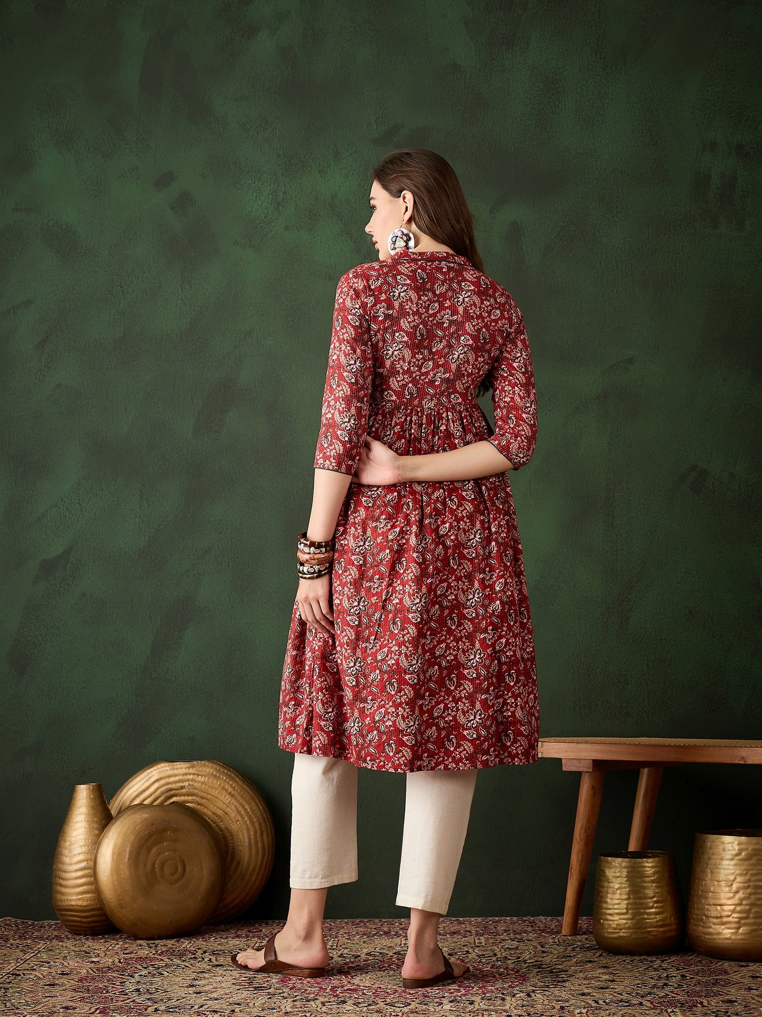 Red Floral Print Kantha Work Gathered Kurta - Elganza