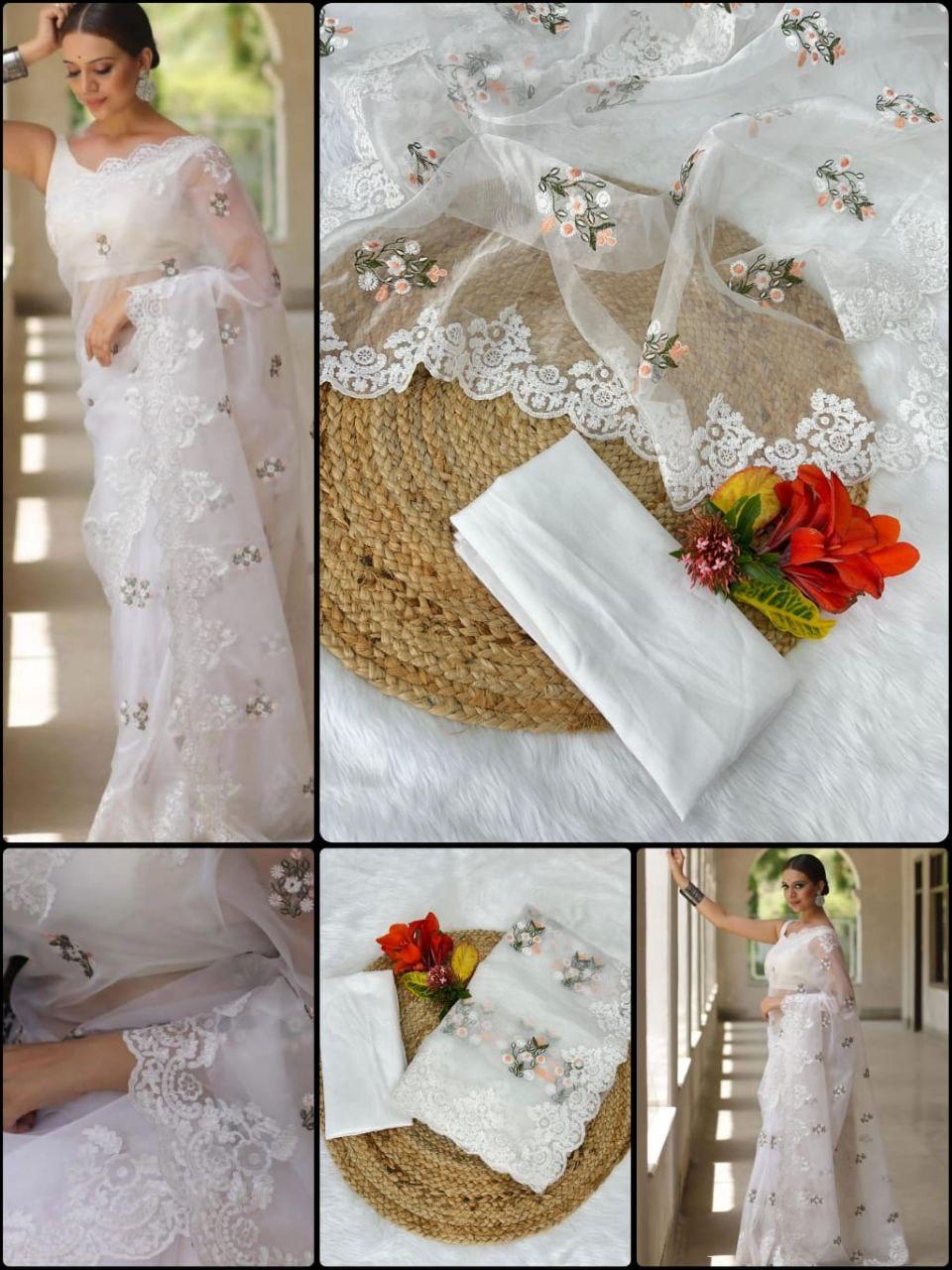 Designer Floral Embroidered Organza Silk Saree with Cutwork Border