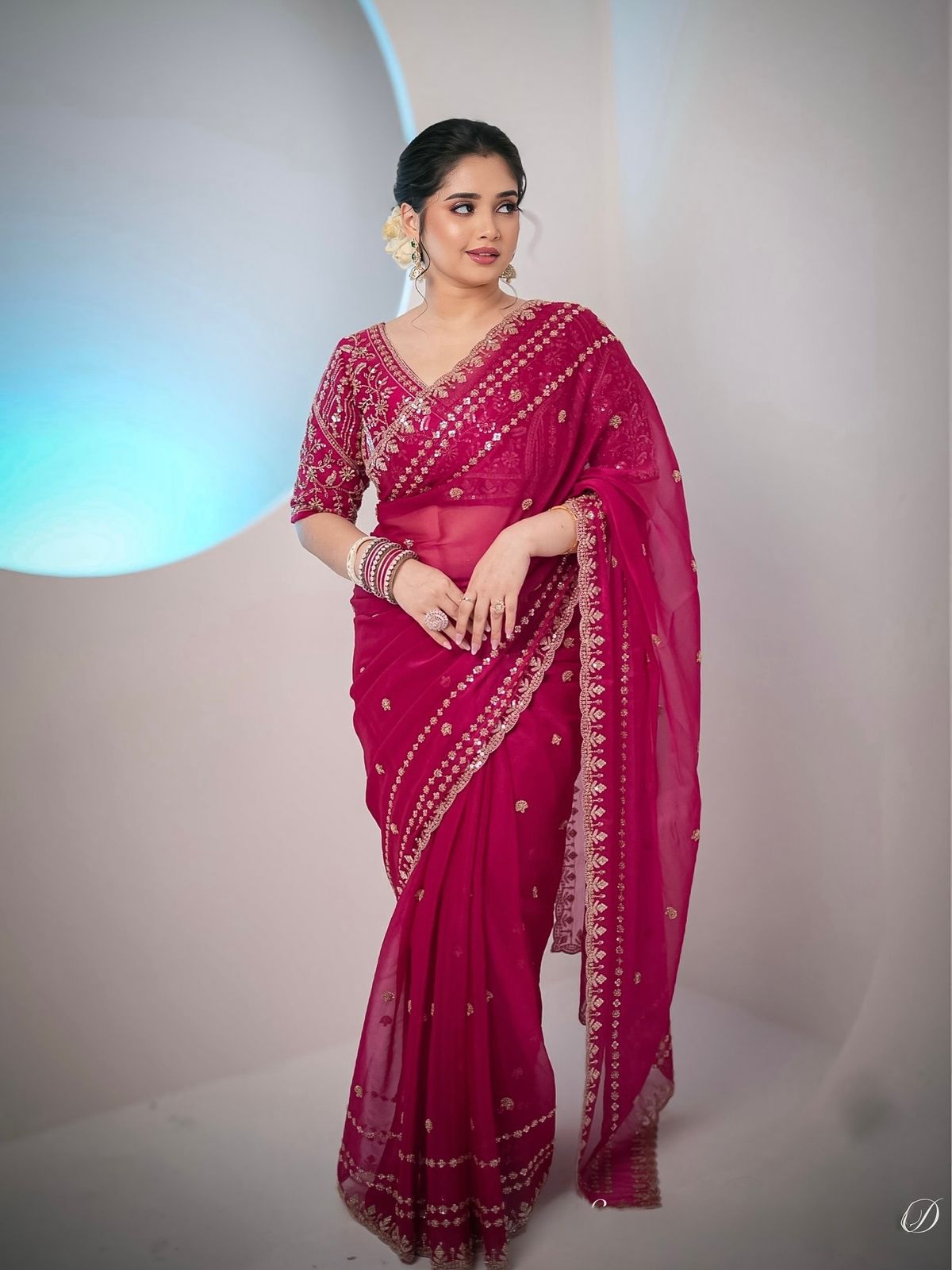 Designer Fandy Satin Silk Saree with 3mm Sequin Embroidery and Cutwork Border