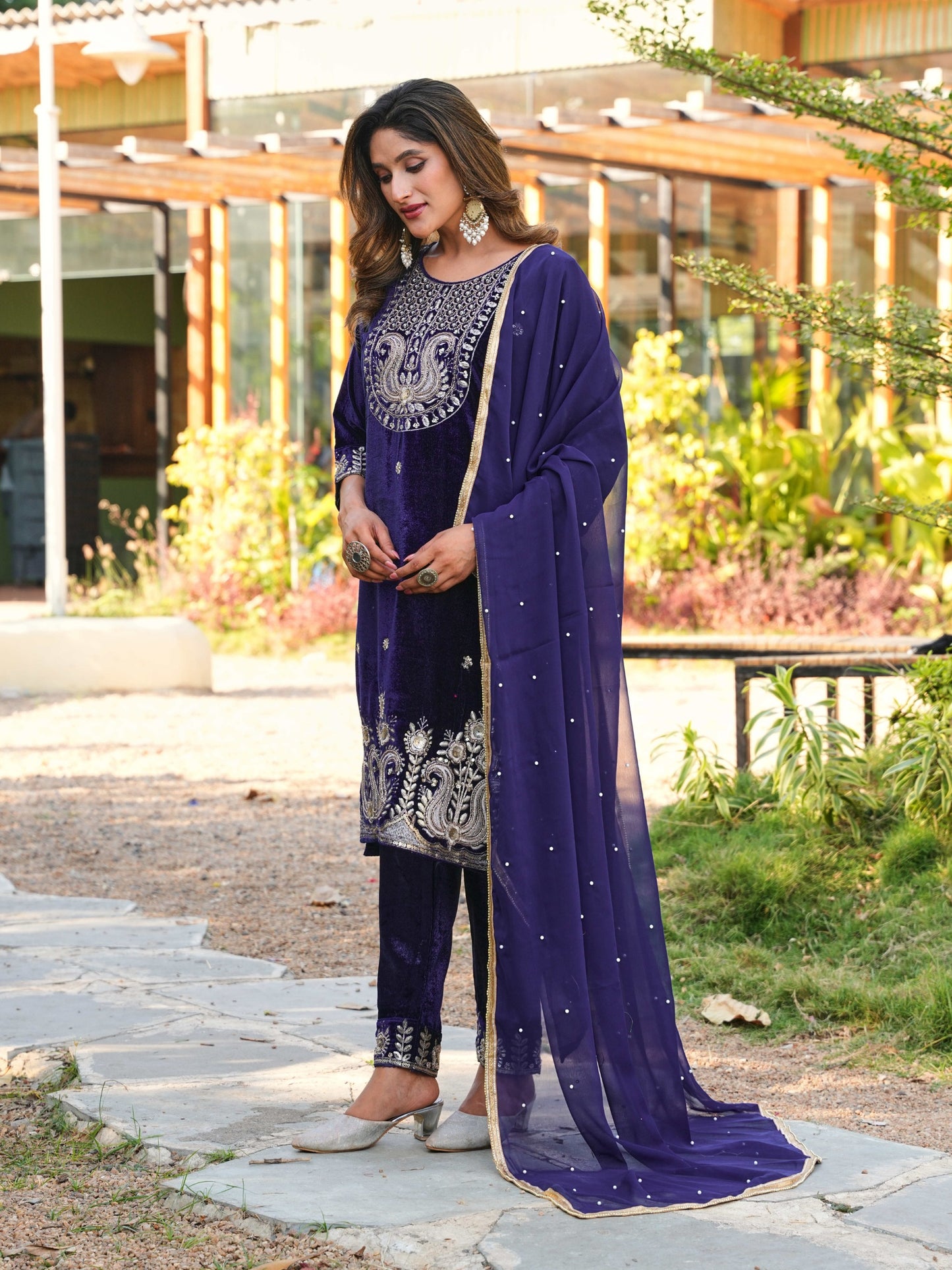 Women Designer 3 Piece Velvet Suit Set with Embellished Top, Velvet Bottom & Faux Georgette Dupatta
