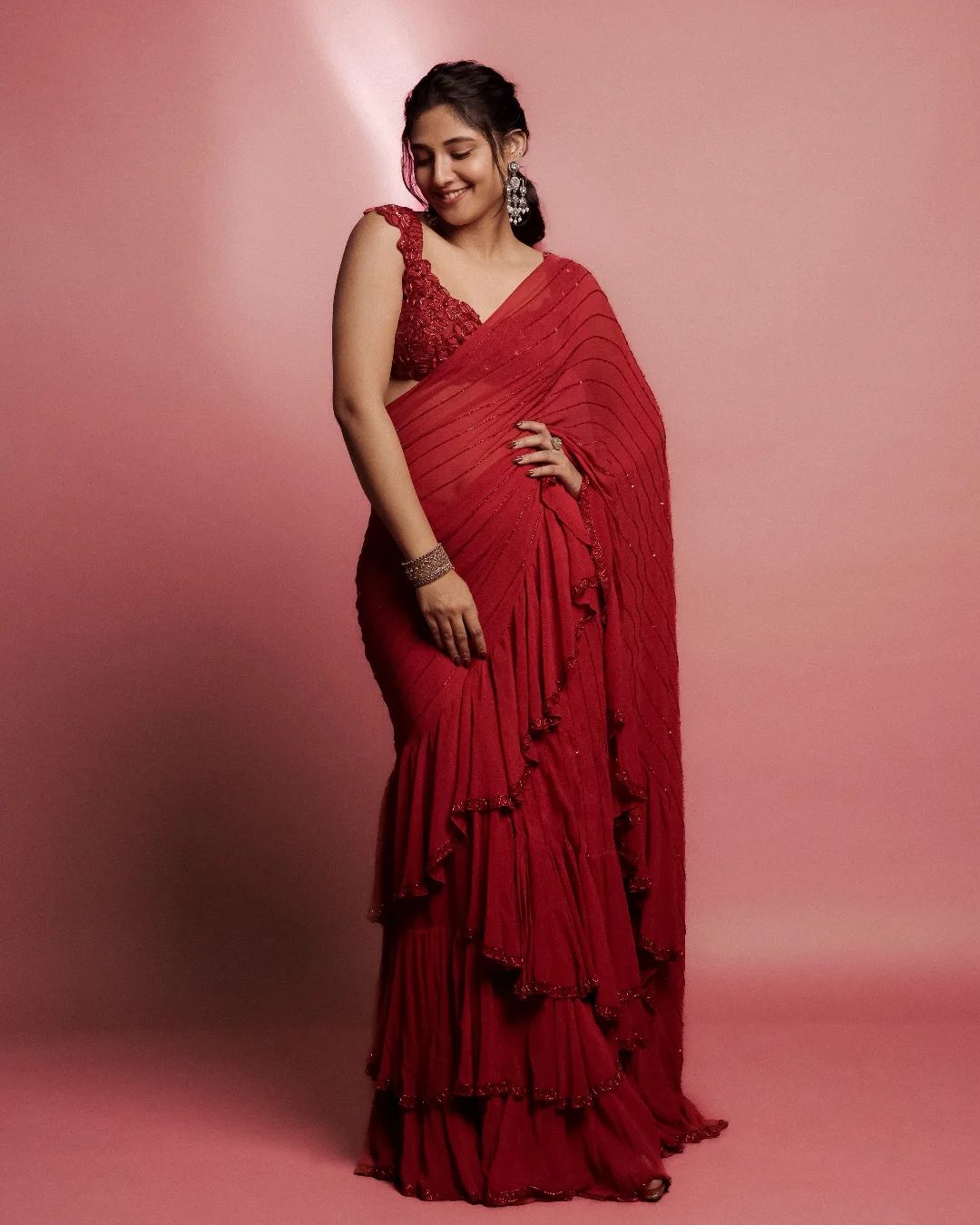 Bollywood Designer Faux Georgette Ruffle Saree with Beads & Sequins Striped Embellishment with Fully Stitched Mono Diamond Silk Blouse