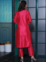 Hot Pink Embroidered Cotton Silk Kurta Set - Elganza