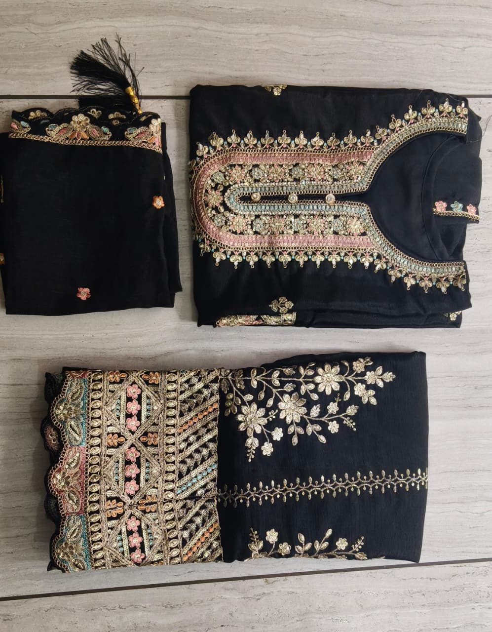 Heavily Embroidered Chinon Kurti Plazo Dupatta Ready-Made Set