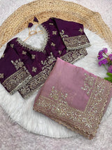 Designer Fandy Satin Silk Saree with Sequins & Jari Embroidery and Cutwork Border with Full-Stitch Blouse