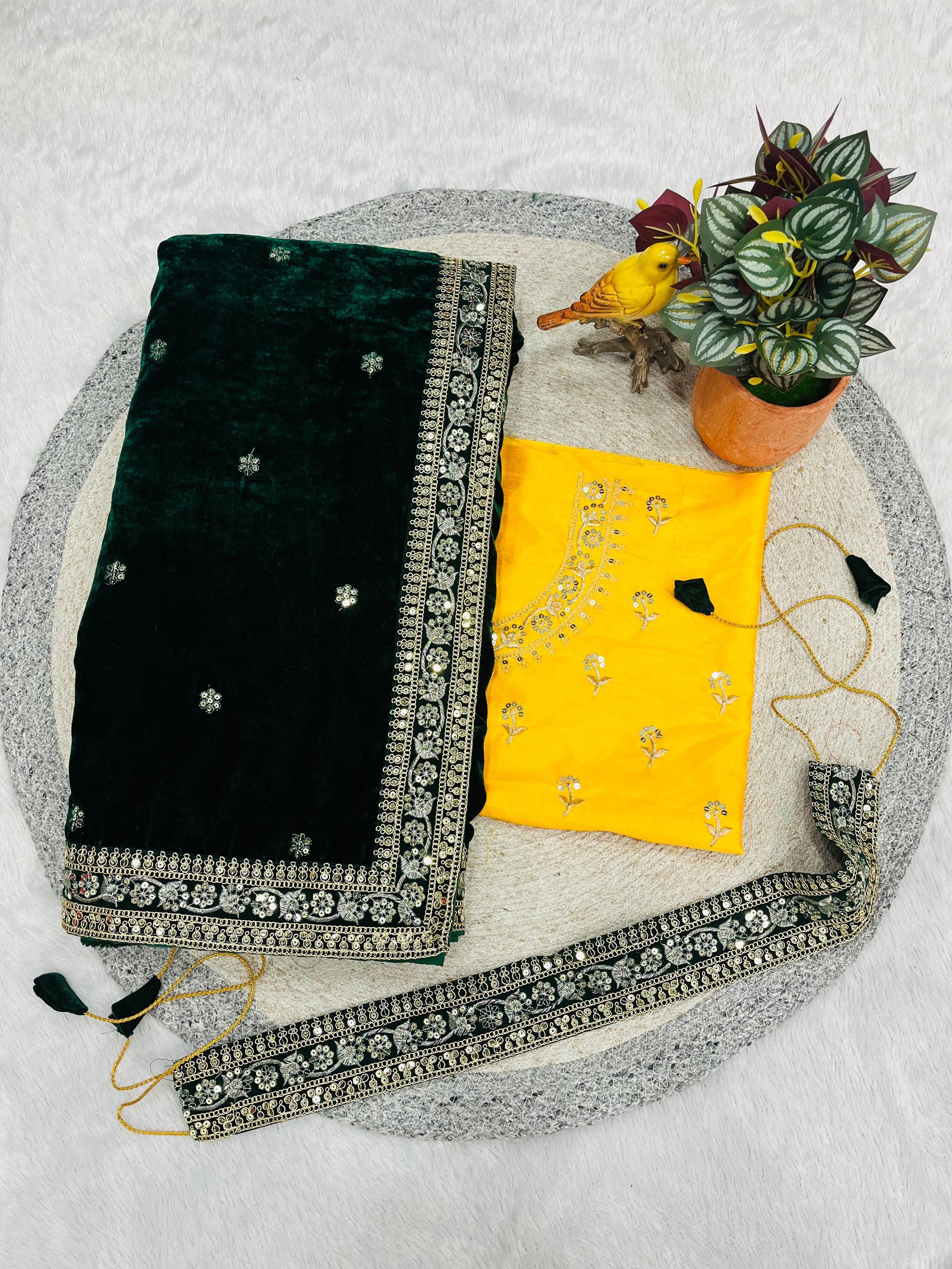 Designer 9000 Velvet Saree with Sequins & Jari Dori Embroidered Lace Border and Waist Belt